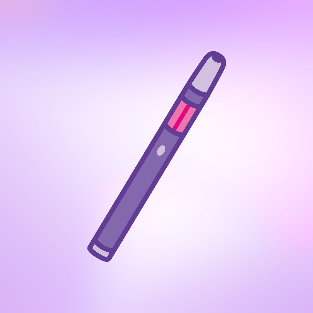 Purple vape pen with a pink cartridge on a soft purple gradient background